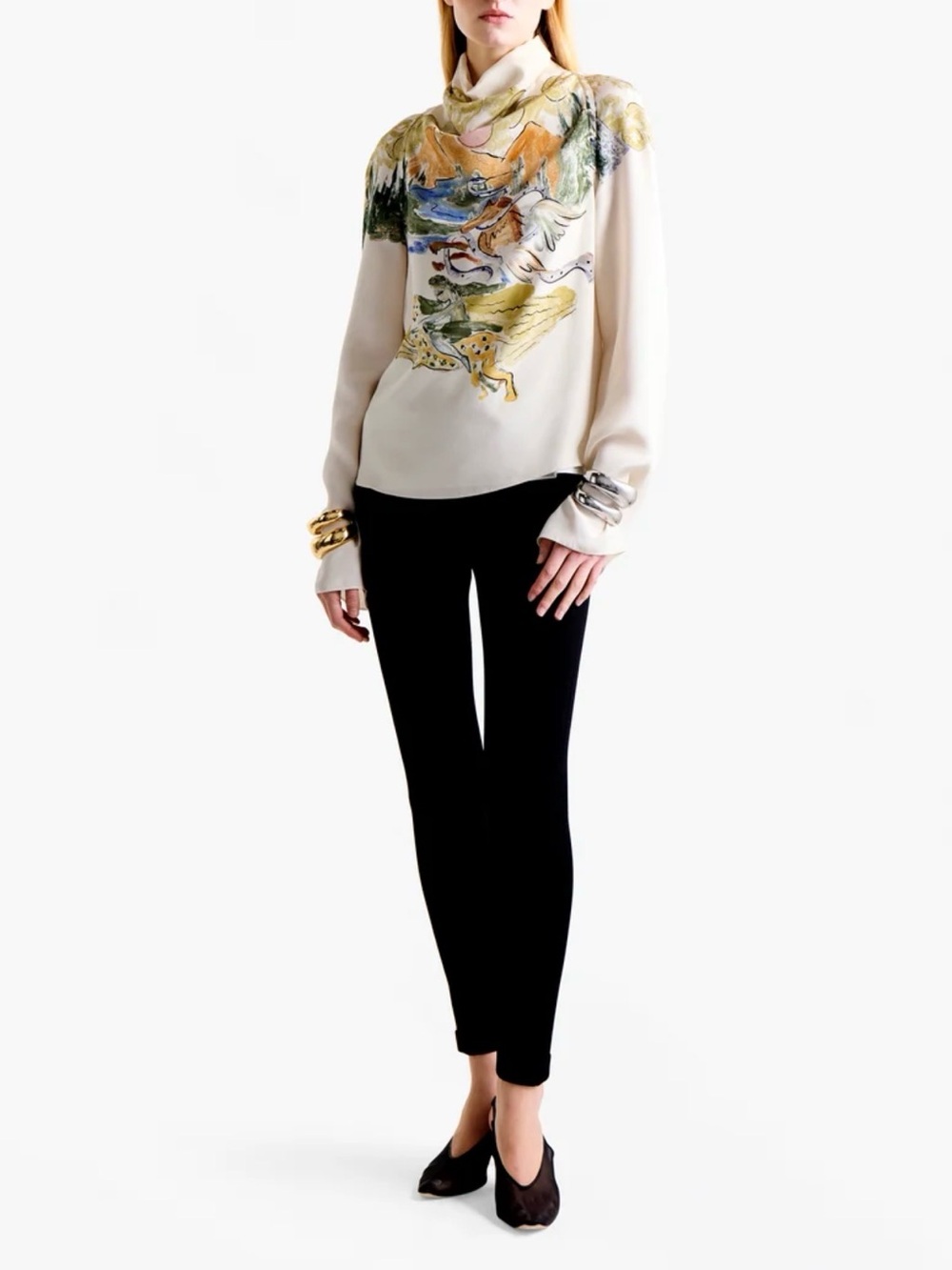 Altuzarra Cara Printed Cowl Neck Top Spring 2025 Literary Collection Ivory US 8